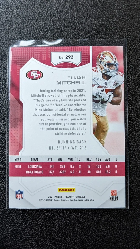 2021 Panini Playoff Rookies 1st Down Parallel/100 Elijah Mitchell #292 Rookie RC - Image 4 of 4