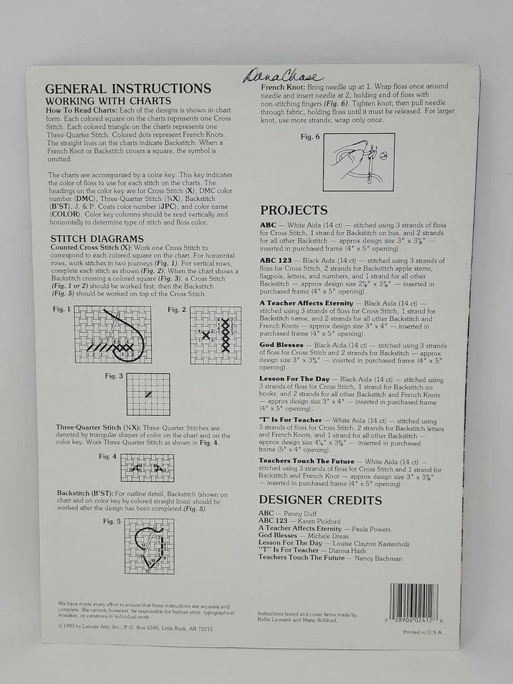 'T' Is For Teacher Leisure Arts 2412 Cross Stitch Pattern Leaflet School Craft - Image 2 of 3