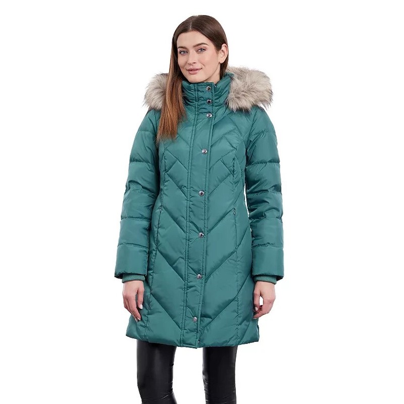 Women's TOWER by London Fog Faux-Fur Hood Down-Fill Coat Green Size M - NWT
