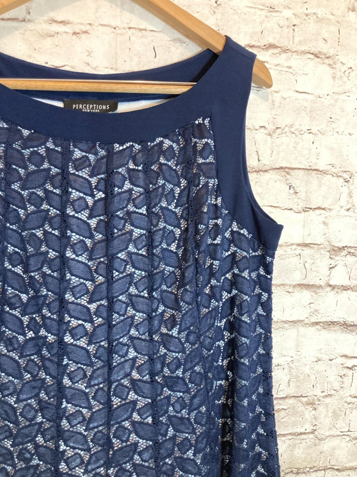 Vestido midi Perceptions para mujer 14 azul marino superpuesto de malla midi fluido Foto 3 de 4