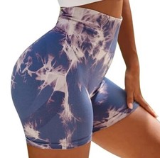 Tie Dye Yoga Gym Scrunch Butt High Waist Fitness Shorts Purple White Shaping XS