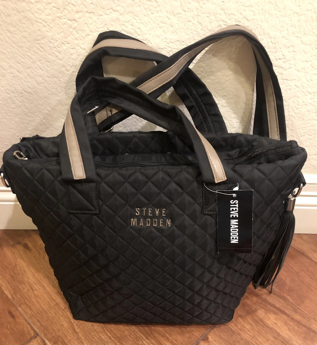 NWT Steve Madden Black Quilted Nylon Double Handles Tote Shoulder Handbag