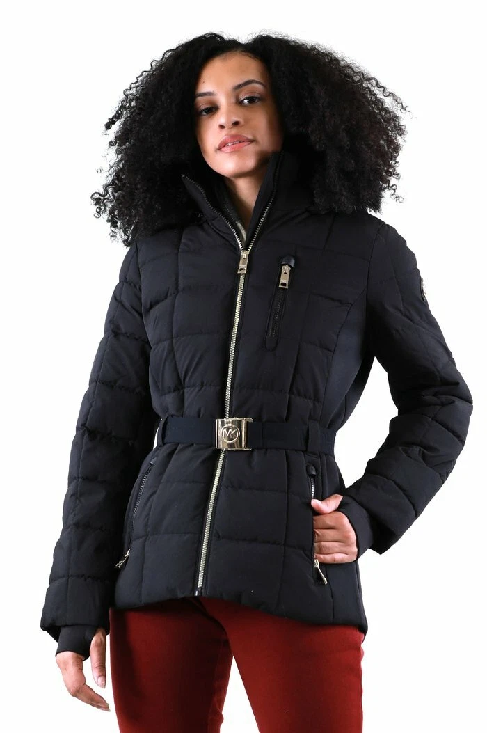 Michael Kors Luxury Black Winter Jacket Down Fur Puffer Coat with Belted Zipper