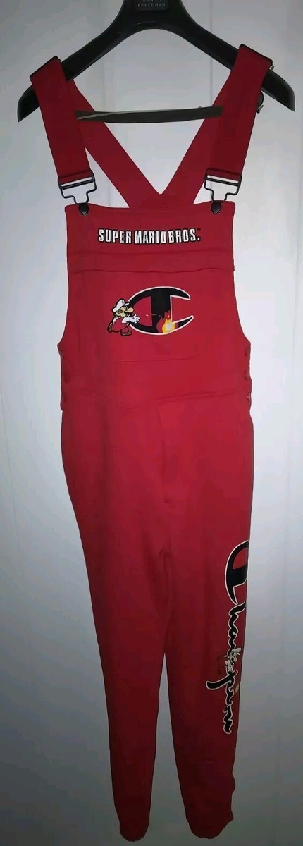 Men Sz S Champion x Super Mario Fleece Overalls Red - Main Image