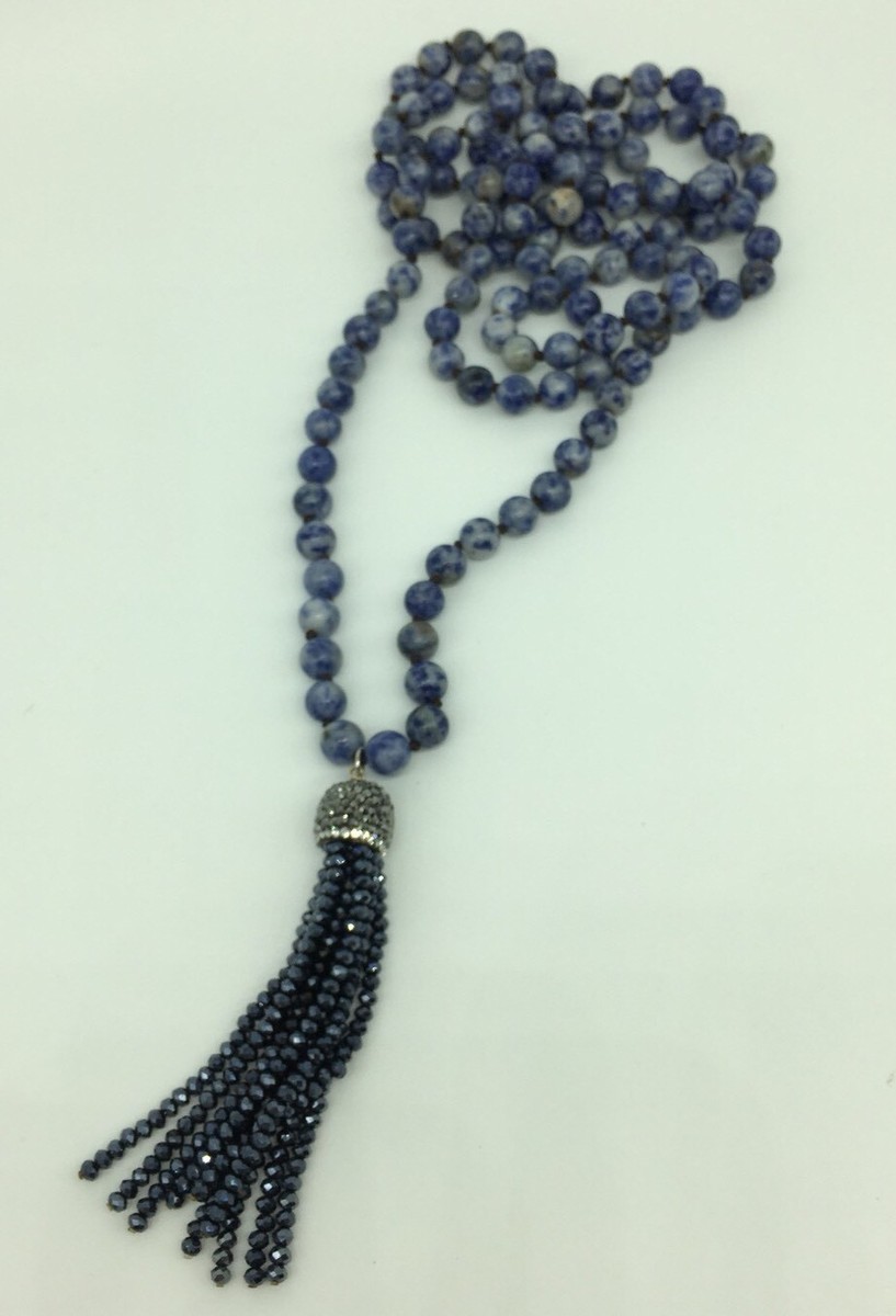 Blue Sodalite 8mm Knotted Gemstone Necklace: Stainless Steel O - Foto 9