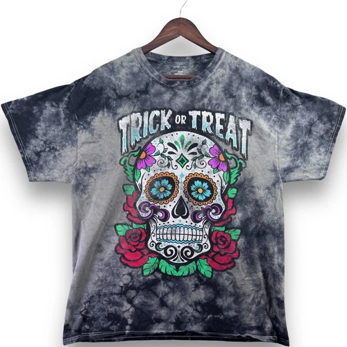 Day of the Dead Sugar Skull Tie Dye Shirt Mens Medium Gray Trick or Treat Rose - product listing photo