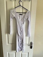 Pretty Little Thing White Stretchy Dress Long Sleeve Size 8 Ruched Side Bodycon