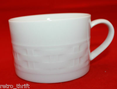 Crate and Barrel Basketweave Embossed White Coffee Tea Cup Made in Japan Sticker