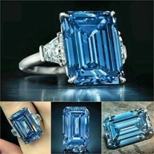 New 3 Stone Cz Blue Emerald Cut 6.10Ct Engagement Ring With 935 Argentium Silver