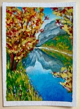 ACEO Original Mixed Media Painting Art Card Acrylic + Watercolor Fall Landscape