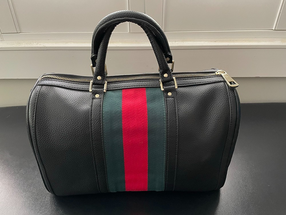 RARE! Gucci Black Leather Web Stripe Boston Bag Bauletto 14” Gold Hardware image 3