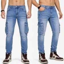Jeans Cargo Uomo Denim Pantaloni Tasche Laterali Multitasche Tasconi Slim 2711