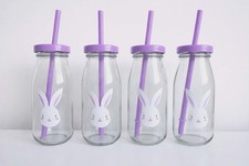 Bundle Of 4 Purple Glass Easter Bunny Rabbit Milk Bottles With Straws