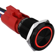 1Pc 19mm Latching Push Button Switch, 10A, Red LED, Waterproof, Black Aluminum