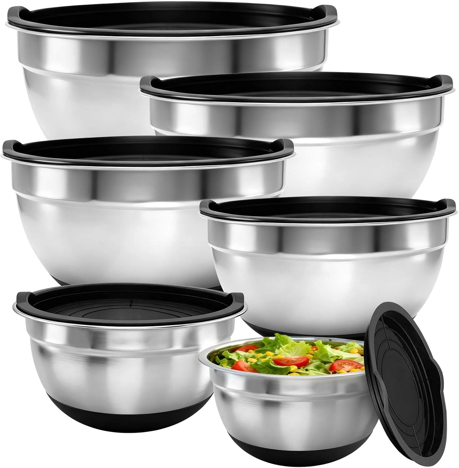Mixing Bowls with Lids Set, Airtight Lids, 6 Piece Stainless Steel Metal Nesting