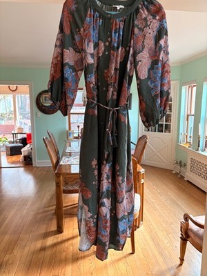 Entro Green Longsleeve Floral Peasant Belted Linen Dress--Small