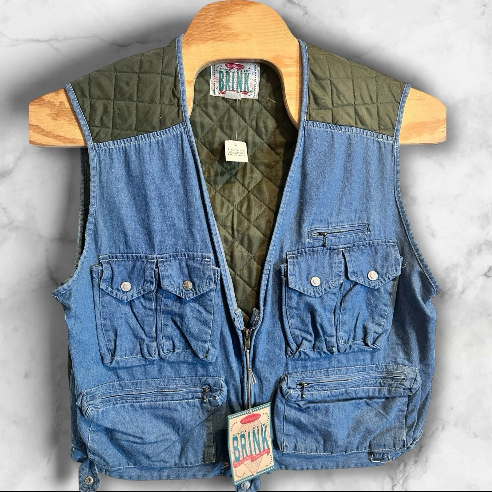 Vintage On The Brink Blue Denim Vest Fishing Utility Photography Men XL Quilted