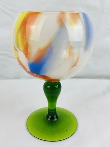 Vintage Hand Blown Art Glass Goblet Candle Holder Murano MCM Multi Color Swirl