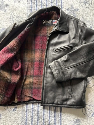 Schott 681 Leather Single Rider Jacket Size 44 Black Collar Flannel Tartan Lined image 12