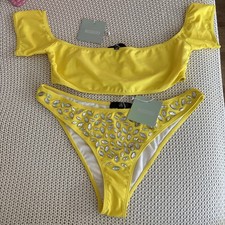 Misguided Yellow Bardo Bikini Top And Jewelled Bikini Bottoms Size 12