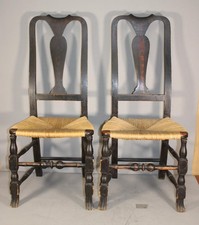 A GREAT PAIR 18TH C MA QA SPANISH FOOT SIDE CHAIRS IN ORIGINAL BLACK PAINT