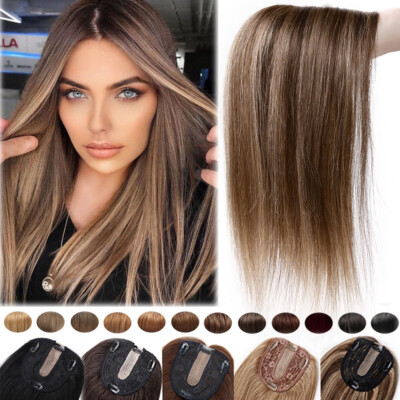 Silk Base Topper Hairpiece Clip In Remy Human Hair Wiglet Toupee Wig Mixed
