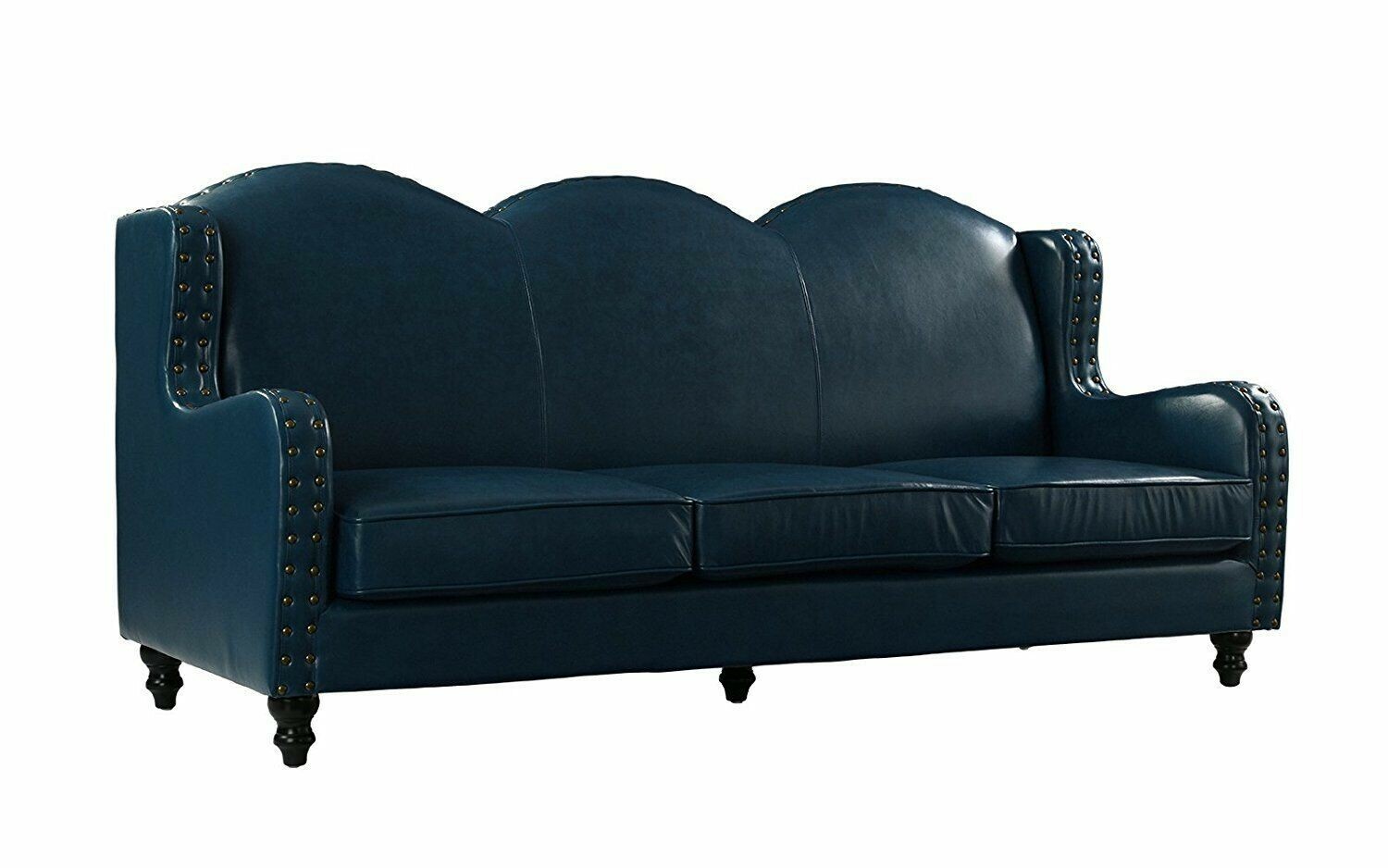 Leather Sofa 3 Seater, Living Room Couch, Loveseat for 3, Nailheads, Blue