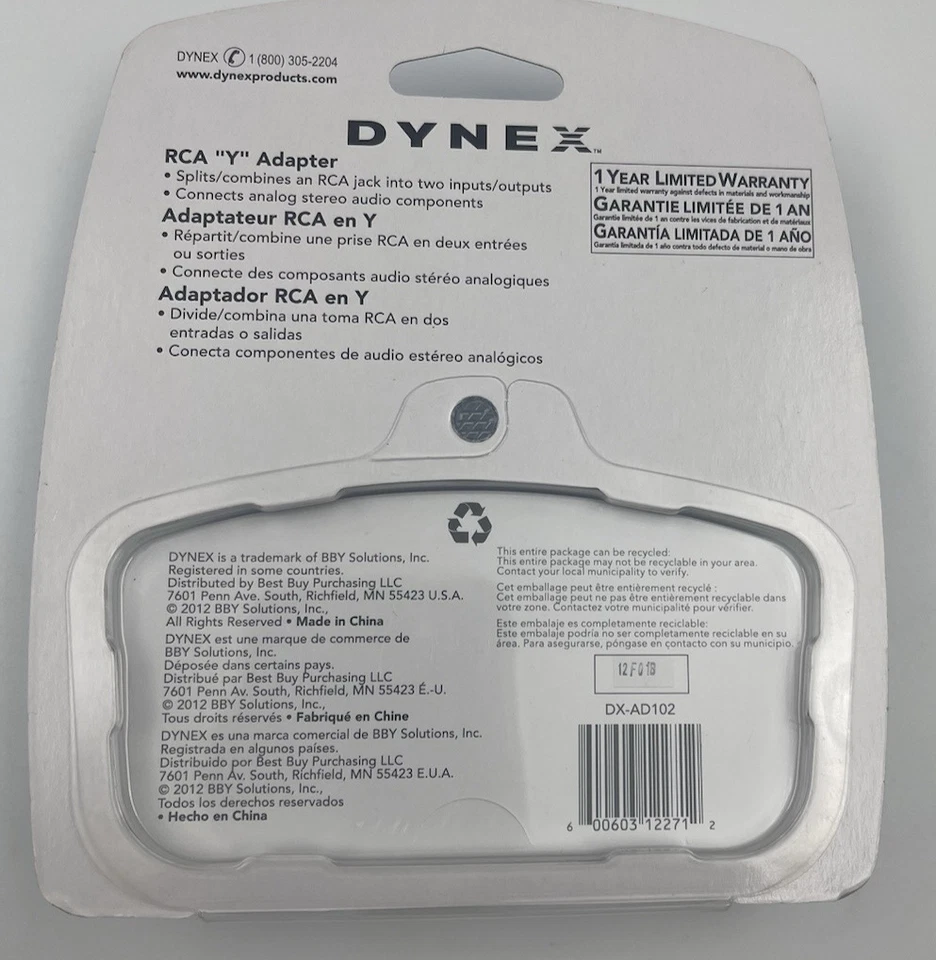 Adaptador de audio Dynex DX-AD102 RCA Y 2012 1 macho 2 hembra (sin usar, en caja) Foto 3 de 3