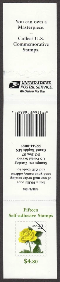 1996 Yellow Rose Sc BK241 32c MNH booklet of 15 folded as issued Pl No S1111 - Image 2 of 2