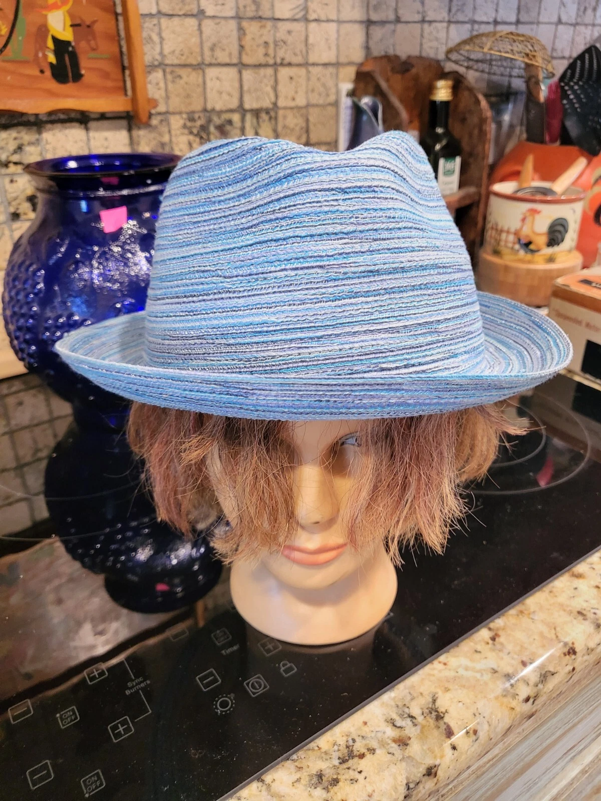 100% Paper Blue Tweed GUERRA 1855 FEDORA Sun HAT BLACK MADE IN ITALY One Size