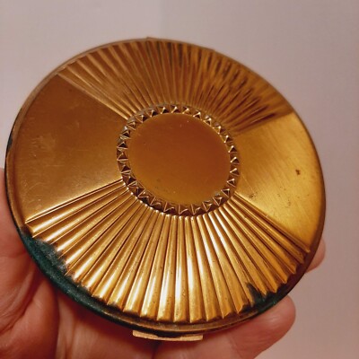 Vtg Max Factor 50s Golden Metal Compact w/Mirror & Powder Blush 4''