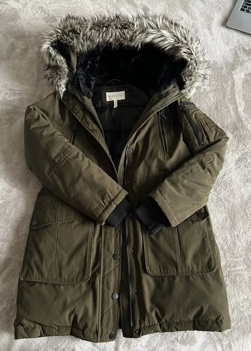 BCBGeneration Woman’s Faux Fur Trim Hooded Anorak Parka Coat Jacket Green sz S
