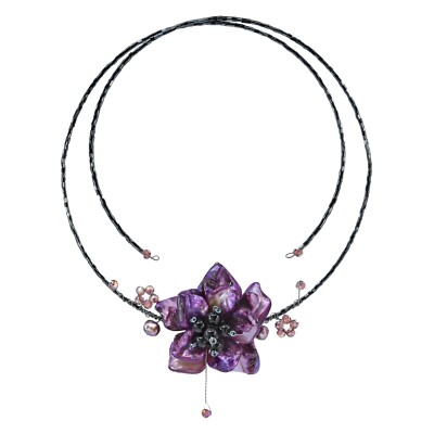 Stylish Purple Mother of Pearl Dyed Crystal Flower Choker Necklace