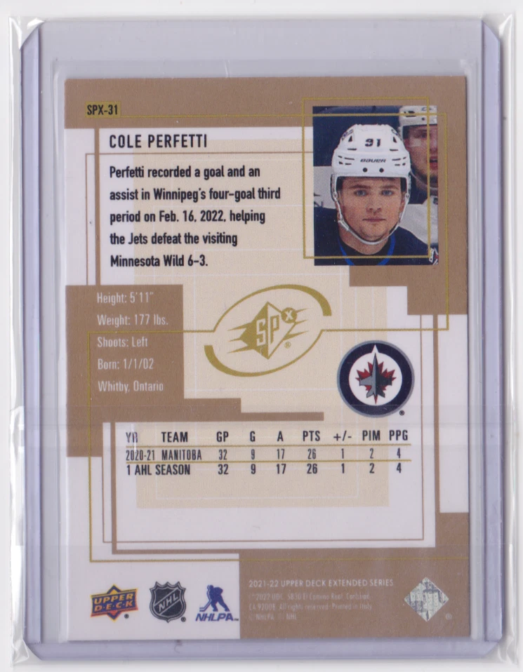 2021-22 UD EXTENDED SERIES SPX ROOKIE INSERT COLE PERFETTI #SPX-31 WINNIPEG JETS - Image 2 of 2