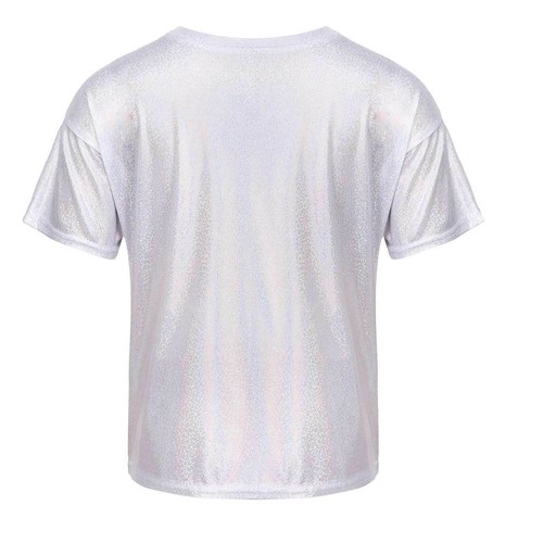 Kids Girls Boy Shiny Metallic Short Sleeve T-Shirt Jazz Hip Hop Ballet Dance Top - Picture 13 of 37