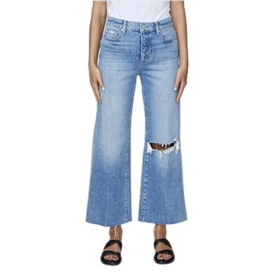 Paige Anessa Jeans 24 Lilah Distressed Wide Leg Stretch Denim Raw Hem Mid Rise