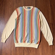 Norm Thompson Knit Sweater Medium Mens Yellow Multicolor Stripe Textured Retro