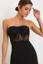Lulus Sultry Persona Lace Strapless Bustier Mermaid Maxi Dress Black XS