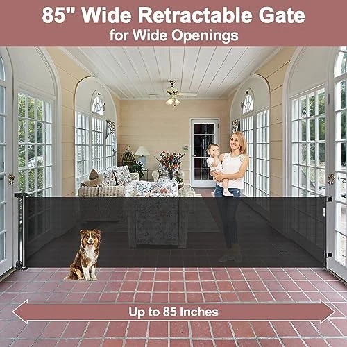 KISKIZ 85" Extra Wide Retractable Baby Gate for Stairs & Doorways - BLACK