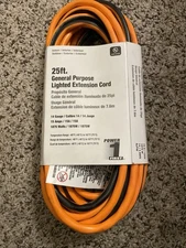 Power First 25’ lighted Orange Extension Cord 1FD55B. 14-3 15 AMP 1875 WATT  NEW
