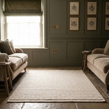 Hygge Cosy Scandi Ivory Chunky Textured Pebble Weave Wool Border Rectangular Rug