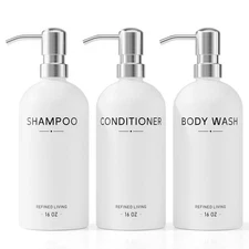 Shampoo and Conditioner Dispenser Set,3 Refillable 16oz Bottles with Stainles...