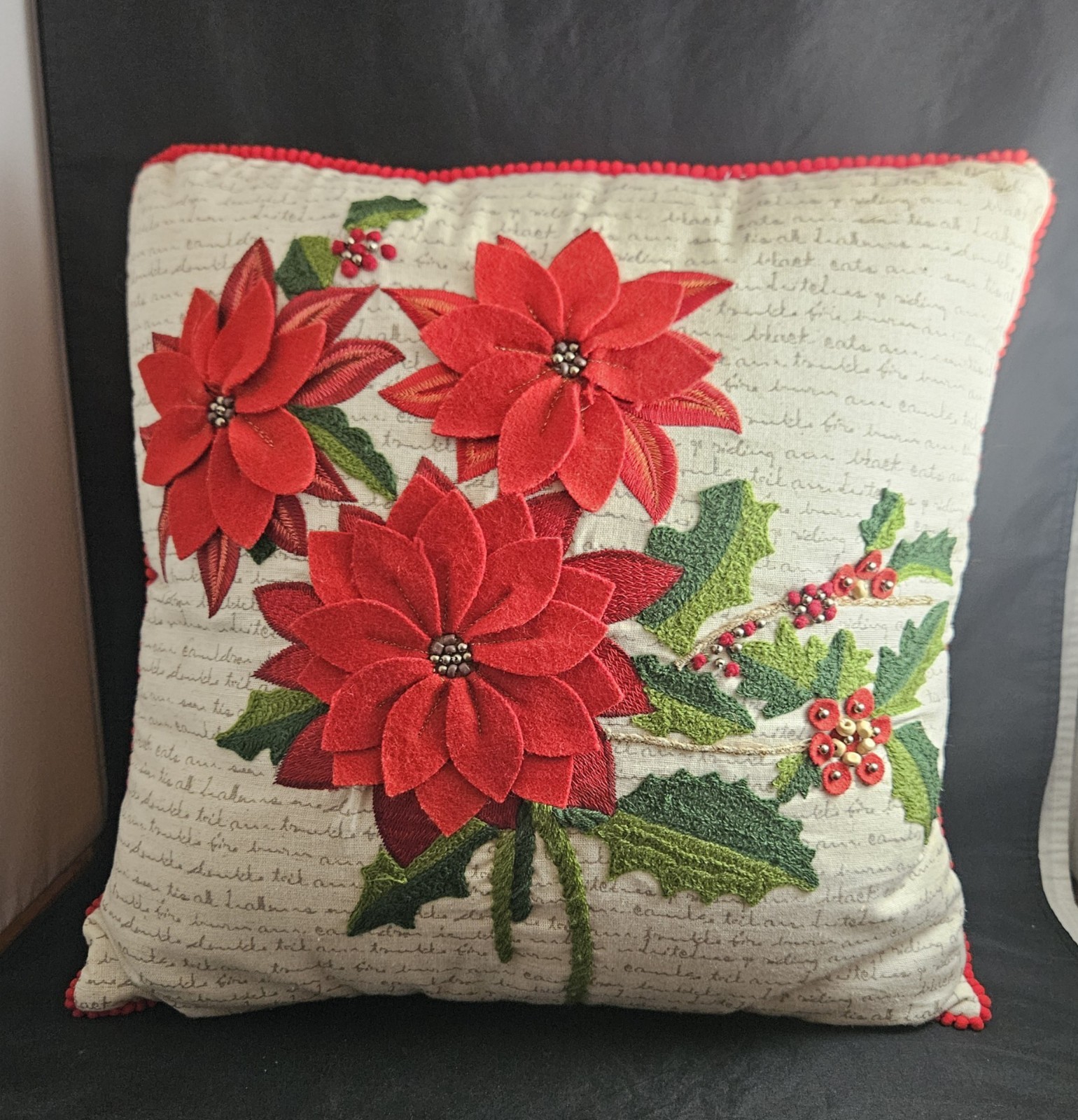 Vintage Pier 1 Throw Pillow Poinsettia Holly Berry Felt Applique Beads 16”