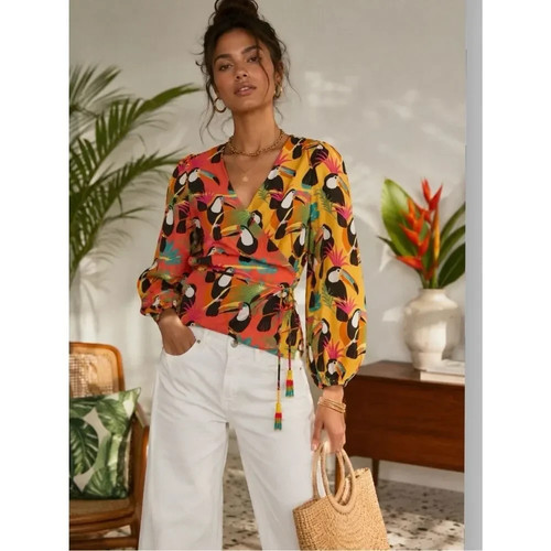 Farm Rio Anthropologie Rainforest Wrap Toucans Tropical Blouse Size XS