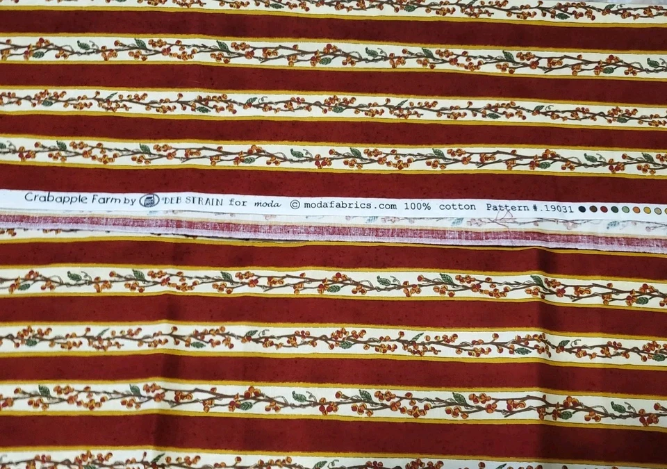+2 Yard Moda Fabric Crabapple Farm Deb Strain Red Stripe Floral Vine #19031 - Image 2 of 3