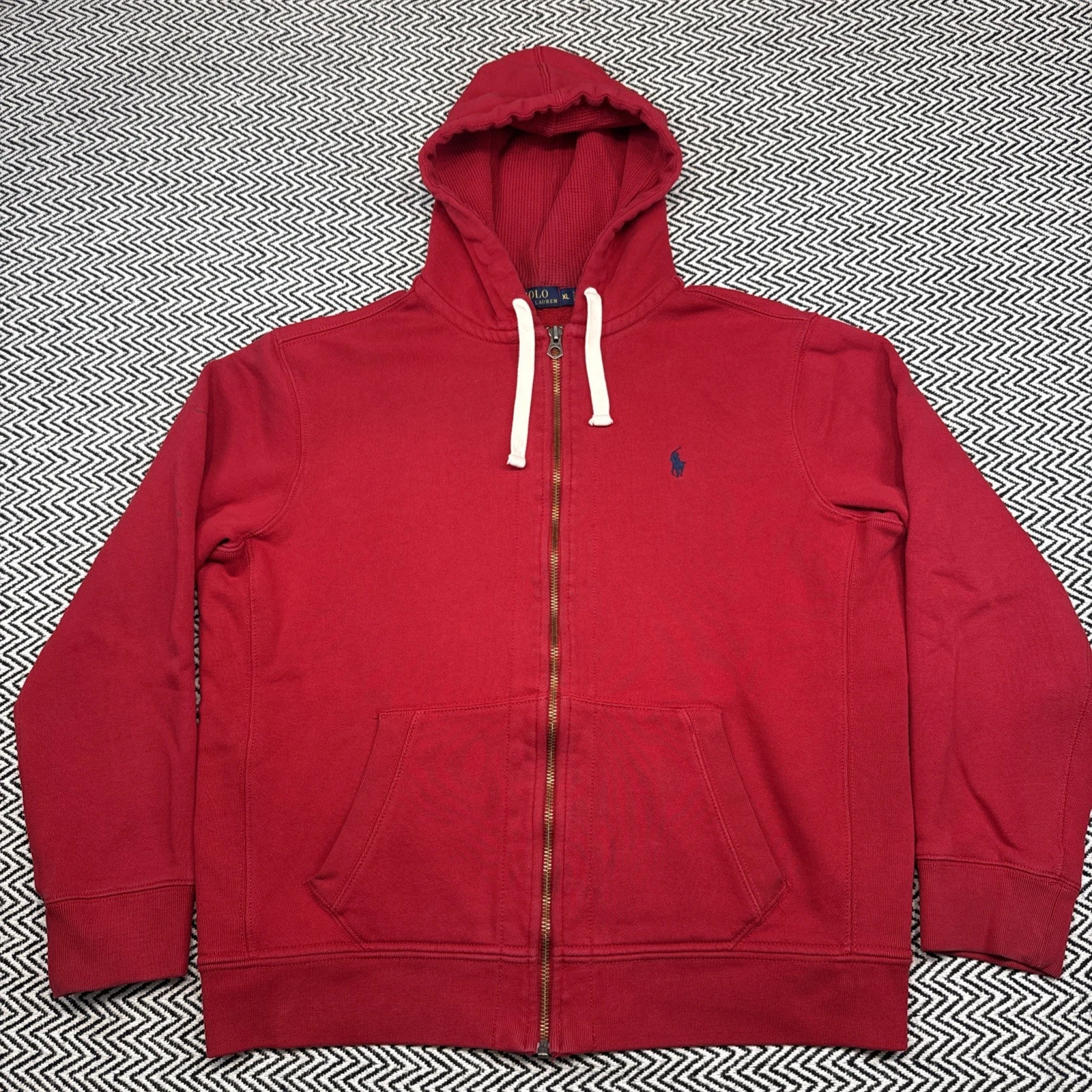Polo Ralph Lauren MENS XL Red Full Zip Thermal Hoodie Sweatshirt Reverse Weave