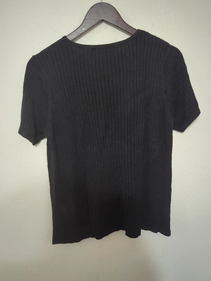 Top tejido acanalado 100 % seda August Silk para mujer M/L negro cuello redondo pulóver Foto 3 de 4