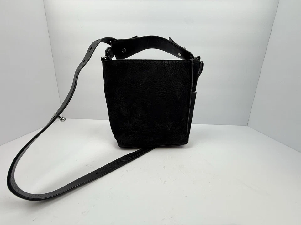 AllSaints Black Leather Crossbody Shoulder Bag Minimalist Bucket Style - Image 2 of 4