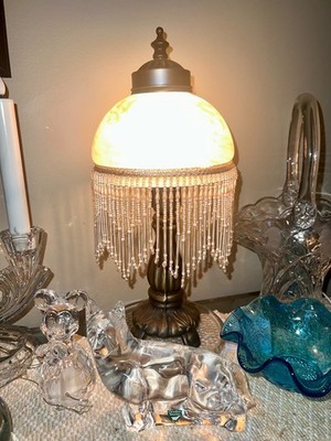 13'' Victorian Style Boudoir Table Lamp Frosted Glass Dome Bead Fringe Brass 
