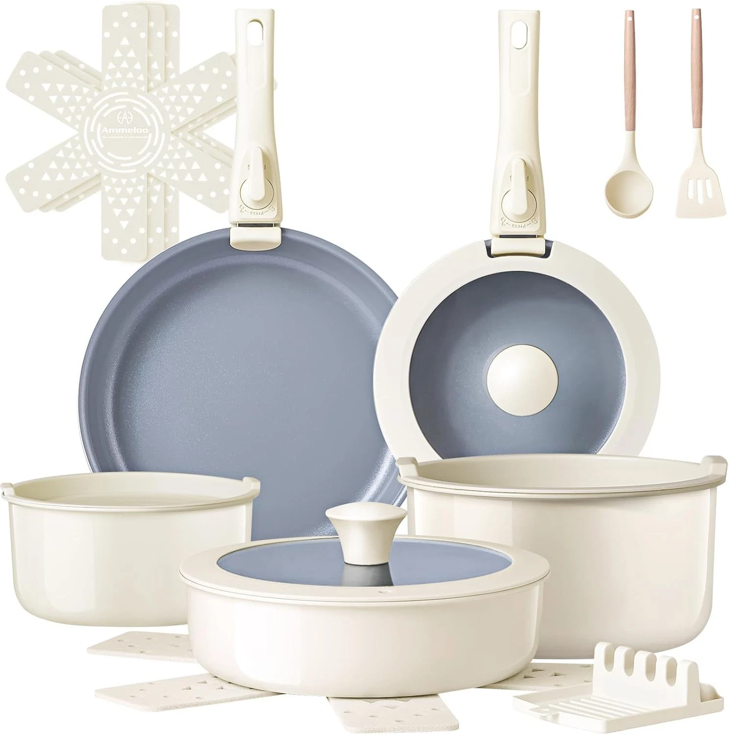 Ceramic Pots and Pans Set Non Stick, Non Toxic Cookware Set with Removable Handl